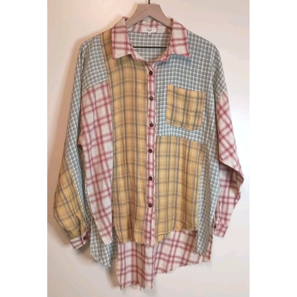 Easel Patchwork Plaid Button Down Boho Oversized … - image 1